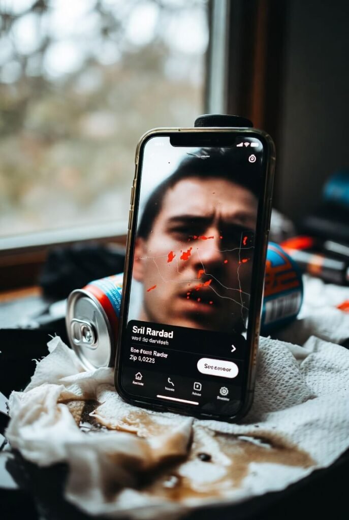 iPhone propped on energy drink can showing red storm radar