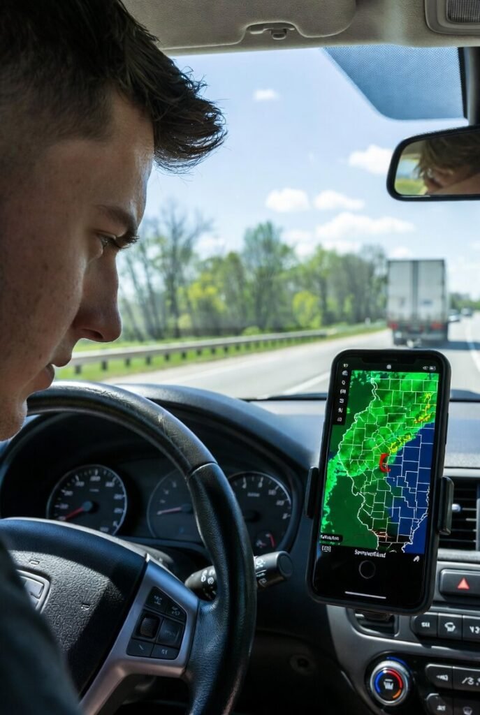 Driver fixated on phone radar, semi truck ahead