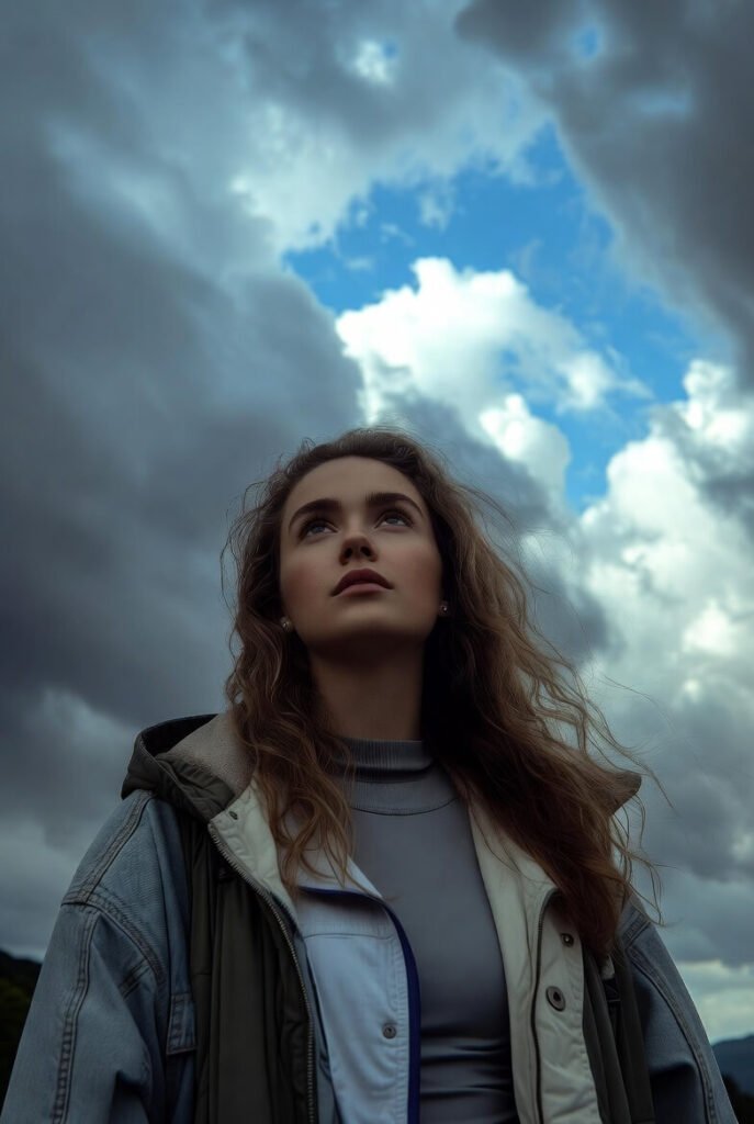 Woman gazing up at dramatic stormy sky