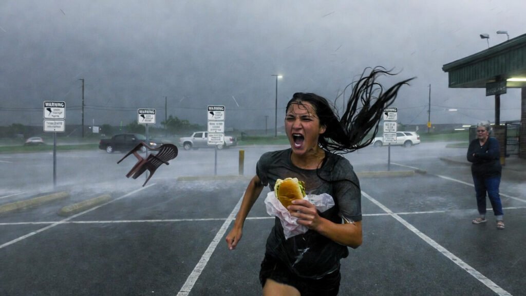 Person sprinting with soggy sub, flying lawn chair, stormy tornado sky