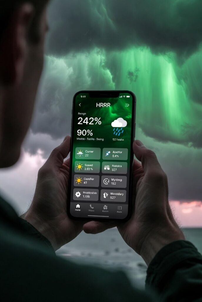 Person holding phone with storm alerts under green supercell sky