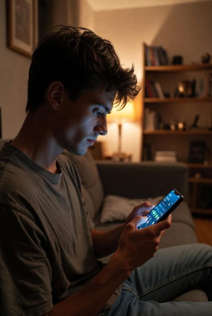 Person doomscrolling weather app on cozy couch