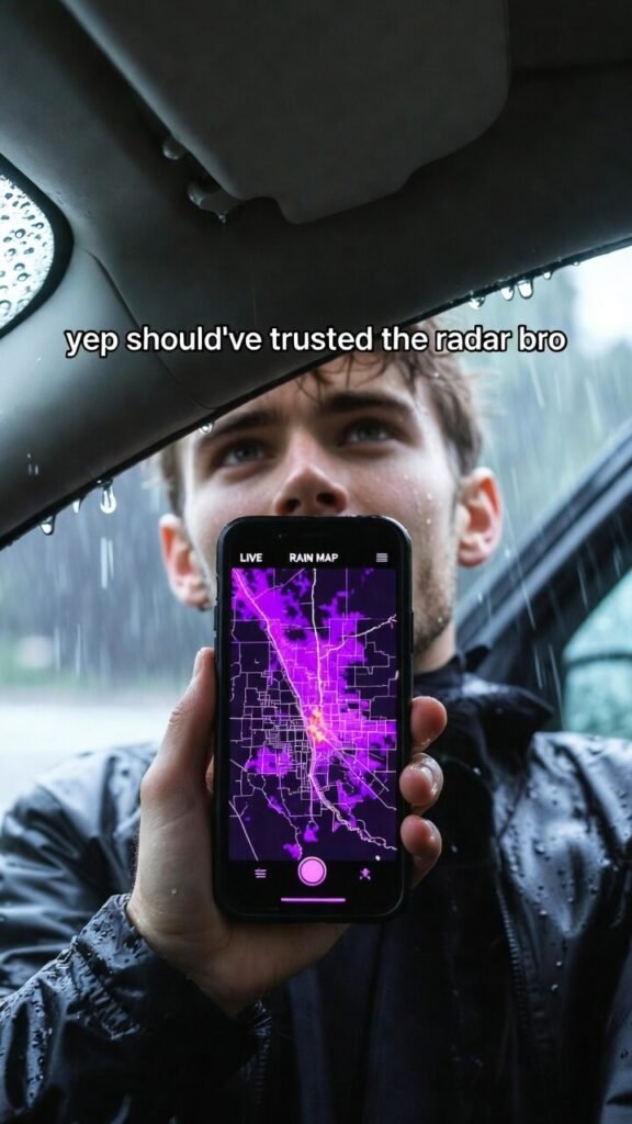 Looking up from car door: phone under heavy rain, purple storm core