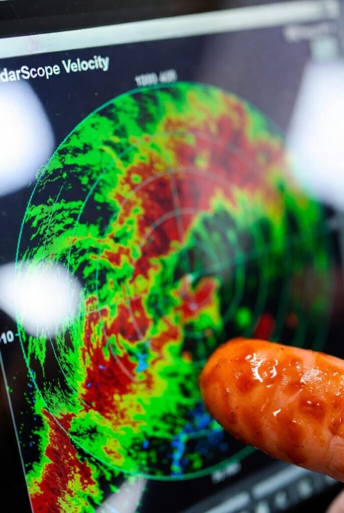 Zoomed RadarScope velocity with red-green rotation