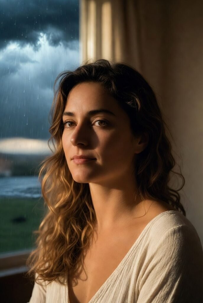 Woman calmly watching rain and stormy clouds through window