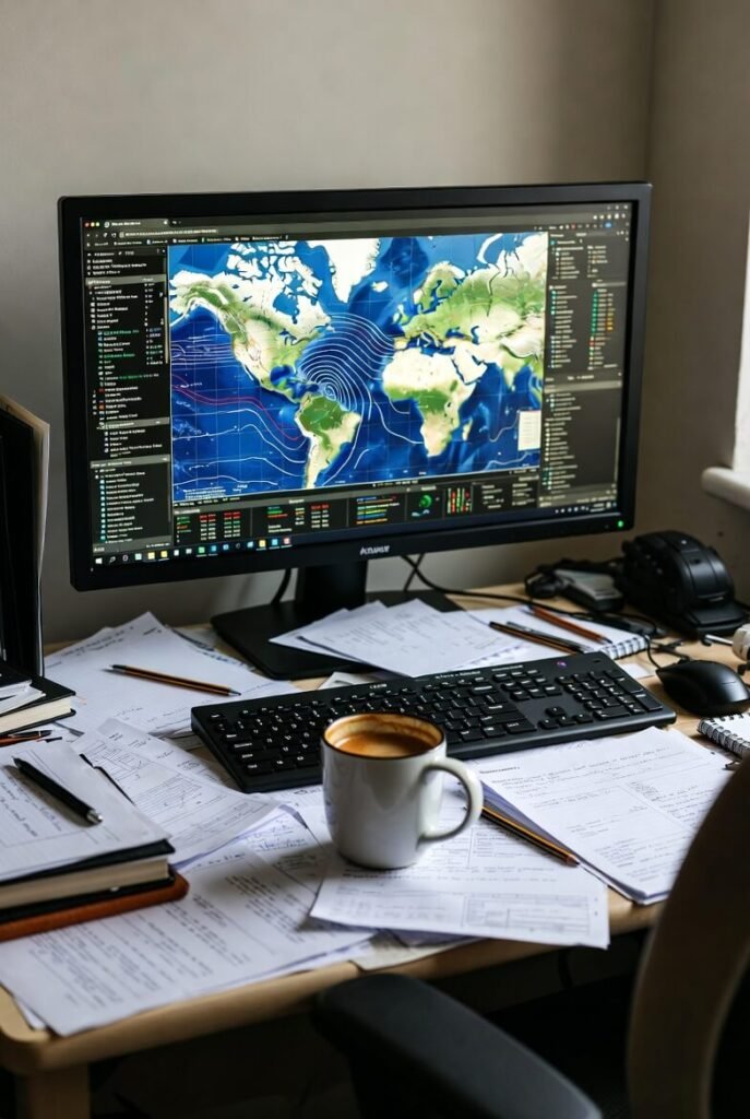 Messy desk with weather maps and cold coffee